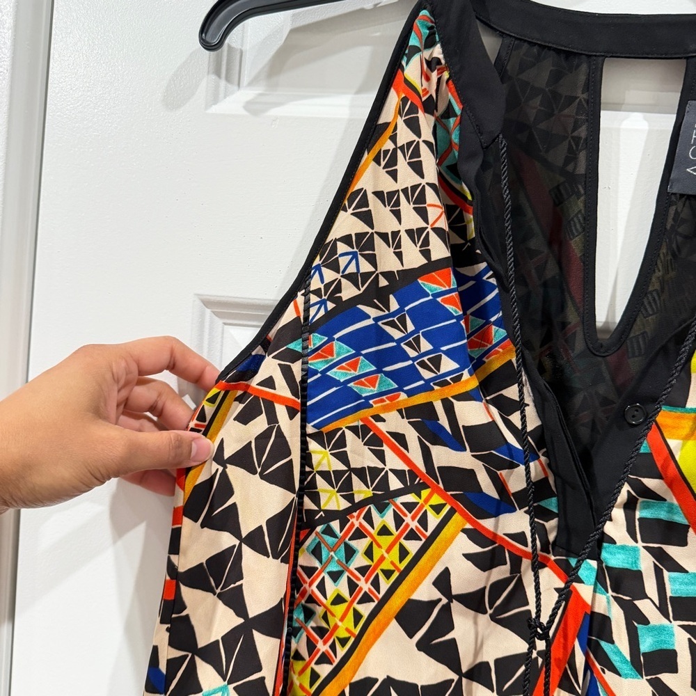 ASTR Multicolor Geometric Print Mini Dress Halter Neck High Low Hem sz M - Picture 6 of 11